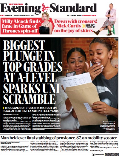 London Evening Standard Newspaper Front Page (UK) for 19 August 2022