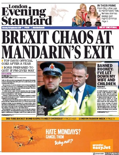 London Evening Standard Newspaper Front Page (UK) for 19 September 2017