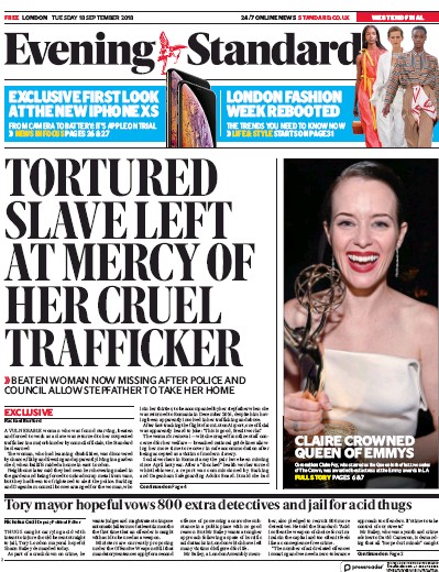 London Evening Standard Newspaper Front Page (UK) for 19 September 2018