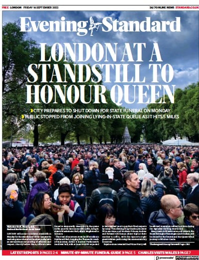 London Evening Standard Newspaper Front Page (UK) for 19 September 2022