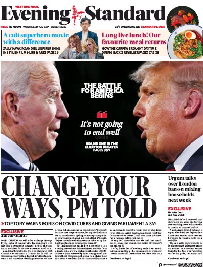 London Evening Standard Newspaper Front Page (UK) for 1 October 2020