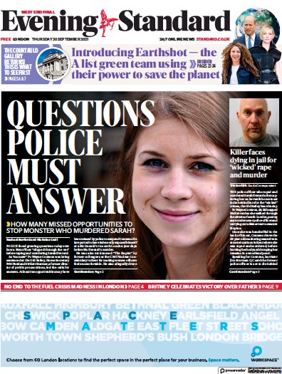 London Evening Standard Newspaper Front Page (UK) for 1 October 2021