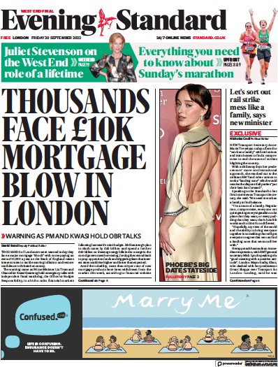 London Evening Standard Newspaper Front Page (UK) for 1 October 2022