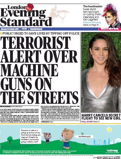 London Evening Standard Newspaper Front Page (UK) for 1 November 2016
