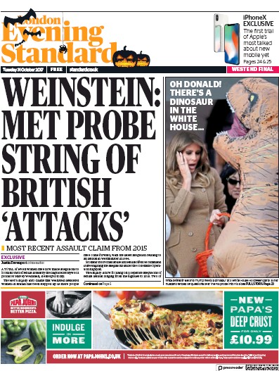 London Evening Standard Newspaper Front Page (UK) for 1 November 2017