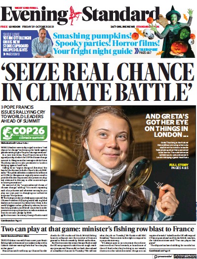 London Evening Standard Newspaper Front Page (UK) for 1 November 2021