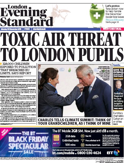 London Evening Standard Newspaper Front Page (UK) for 1 December 2015