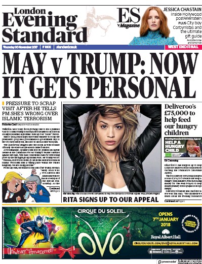 London Evening Standard Newspaper Front Page (UK) for 1 December 2017