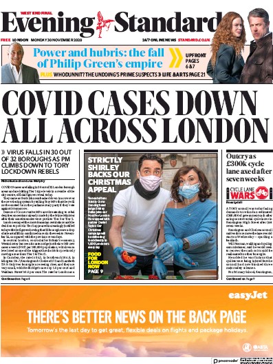 London Evening Standard Newspaper Front Page (UK) for 1 December 2020