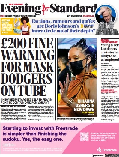 London Evening Standard Newspaper Front Page (UK) for 1 December 2021