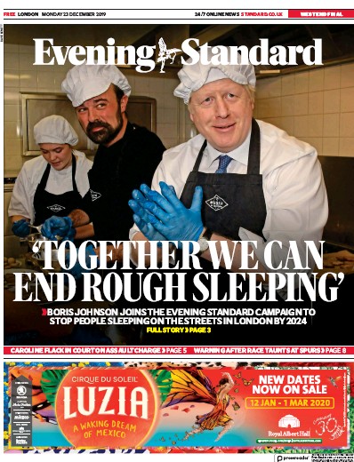London Evening Standard Newspaper Front Page (UK) for 1 January 2020