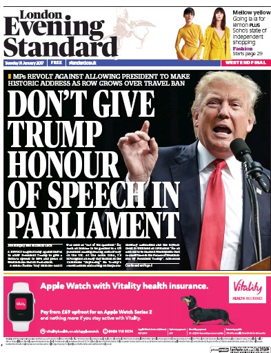 London Evening Standard Newspaper Front Page (UK) for 1 February 2017