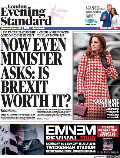 London Evening Standard Newspaper Front Page (UK) for 1 February 2018