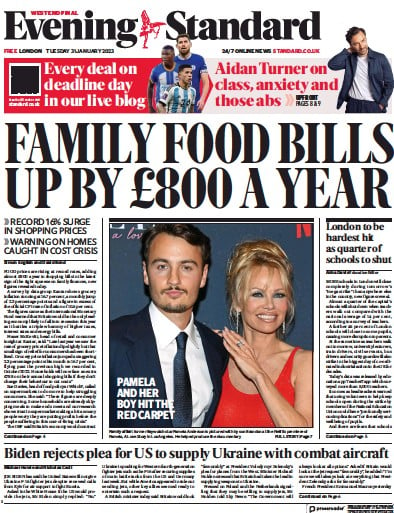 London Evening Standard Newspaper Front Page (UK) for 1 February 2023