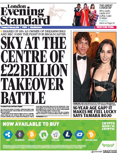 London Evening Standard Newspaper Front Page (UK) for 1 March 2018