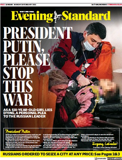 London Evening Standard Newspaper Front Page (UK) for 1 March 2022