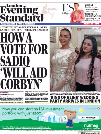 London Evening Standard Newspaper Front Page (UK) for 1 April 2016