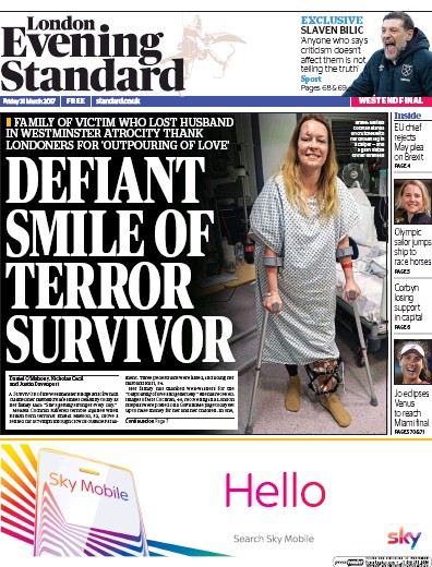 London Evening Standard Newspaper Front Page (UK) for 1 April 2017