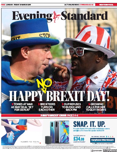 London Evening Standard Newspaper Front Page (UK) for 1 April 2019