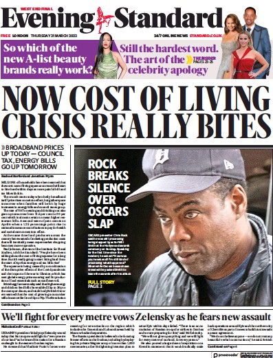London Evening Standard Newspaper Front Page (UK) for 1 April 2022