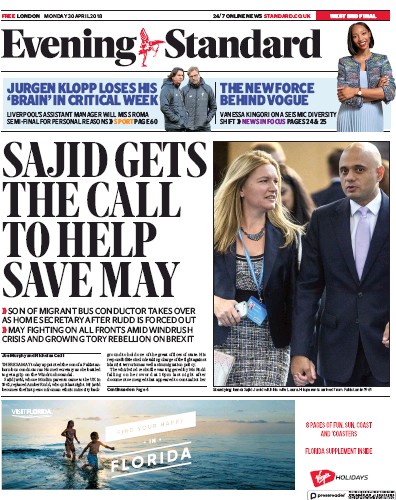 London Evening Standard Newspaper Front Page (UK) for 1 May 2018