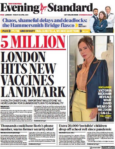 London Evening Standard Newspaper Front Page (UK) for 1 May 2021