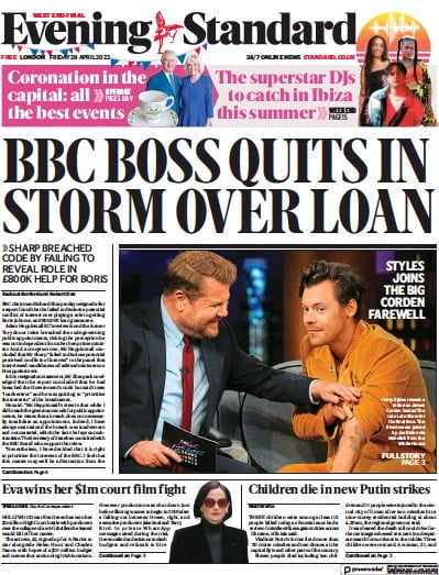 London Evening Standard Newspaper Front Page (UK) for 1 May 2023