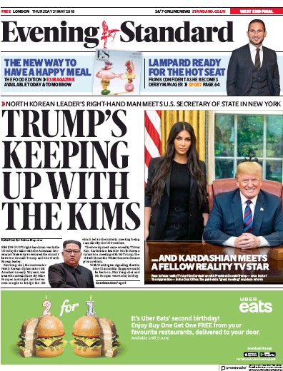 London Evening Standard Newspaper Front Page (UK) for 1 June 2018