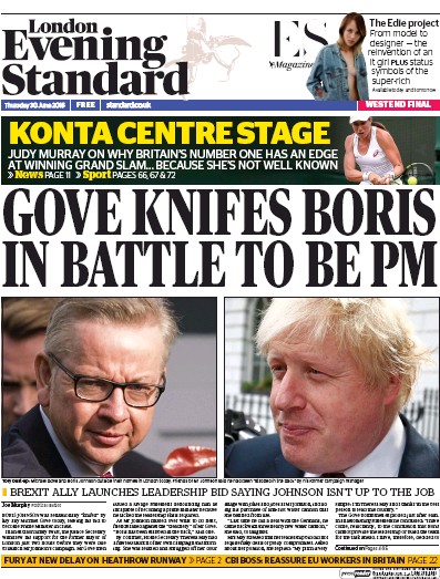 London Evening Standard Newspaper Front Page (UK) for 1 July 2016