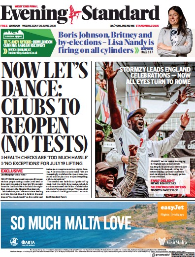 London Evening Standard Newspaper Front Page (UK) for 1 July 2021