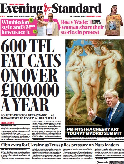 London Evening Standard Newspaper Front Page (UK) for 1 July 2022