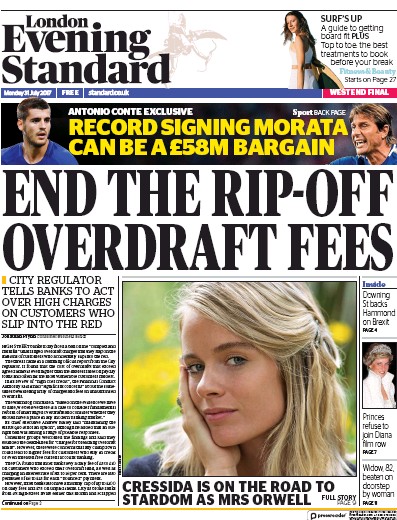 London Evening Standard Newspaper Front Page (UK) for 1 August 2017