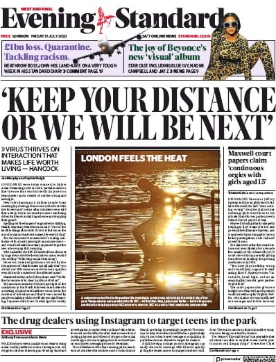 London Evening Standard Newspaper Front Page (UK) for 1 August 2020