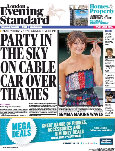 London Evening Standard Newspaper Front Page (UK) for 1 September 2016
