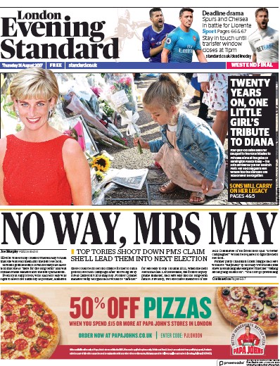 London Evening Standard Newspaper Front Page (UK) for 1 September 2017