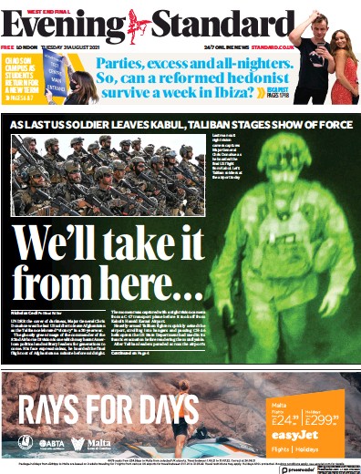 London Evening Standard Newspaper Front Page (UK) for 1 September 2021