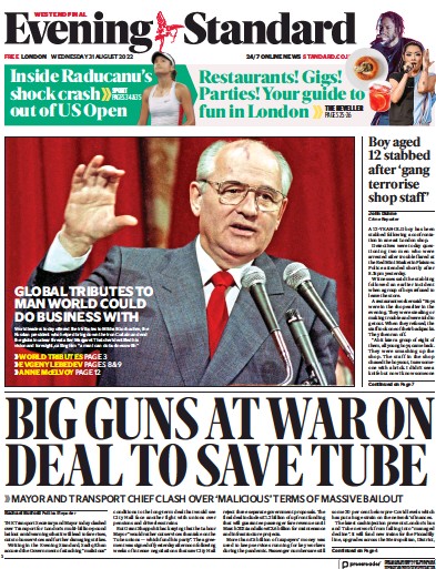 London Evening Standard Newspaper Front Page (UK) for 1 September 2022