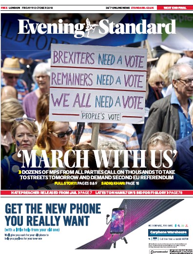 London Evening Standard Newspaper Front Page (UK) for 20 October 2018