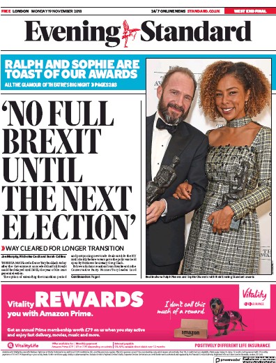 London Evening Standard Newspaper Front Page (UK) for 20 November 2018