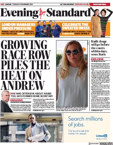 London Evening Standard Newspaper Front Page (UK) for 20 November 2019