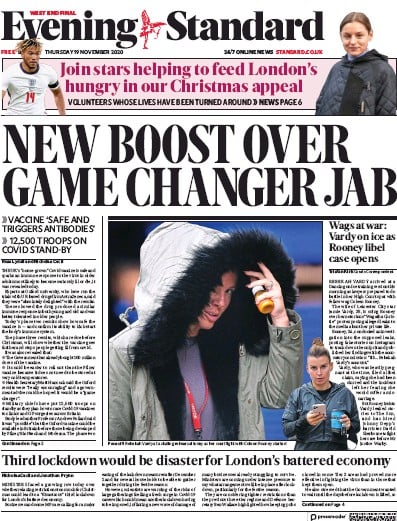 London Evening Standard Newspaper Front Page (UK) for 20 November 2020