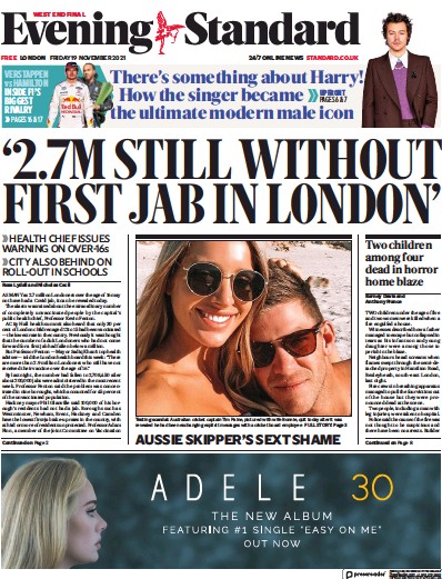 London Evening Standard Newspaper Front Page (UK) for 20 November 2021
