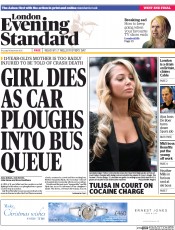 London Evening Standard Newspaper Front Page (UK) for 20 December 2013