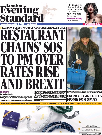 London Evening Standard Newspaper Front Page (UK) for 20 December 2016
