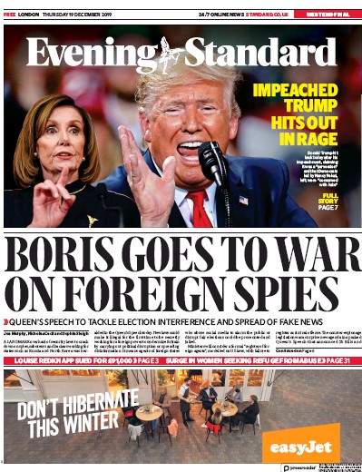 London Evening Standard Newspaper Front Page (UK) for 20 December 2019