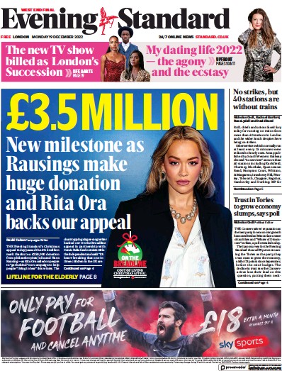 London Evening Standard Newspaper Front Page (UK) for 20 December 2022