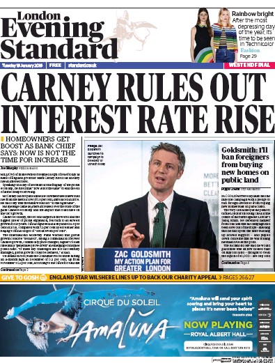 London Evening Standard Newspaper Front Page (UK) for 20 January 2016