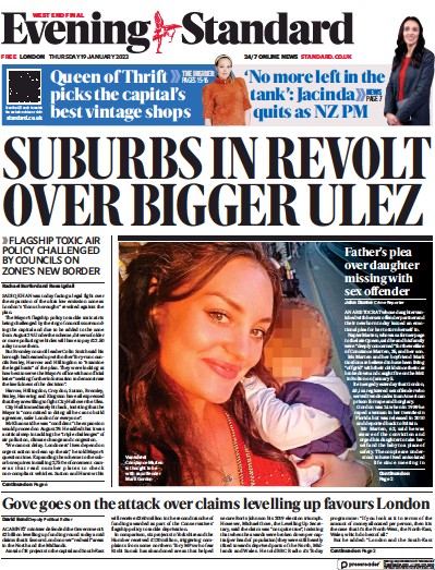 London Evening Standard Newspaper Front Page (UK) for 20 January 2023