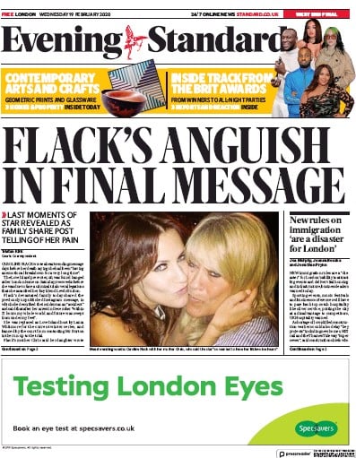 London Evening Standard Newspaper Front Page (UK) for 20 February 2020
