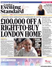 London Evening Standard Newspaper Front Page (UK) for 20 March 2013